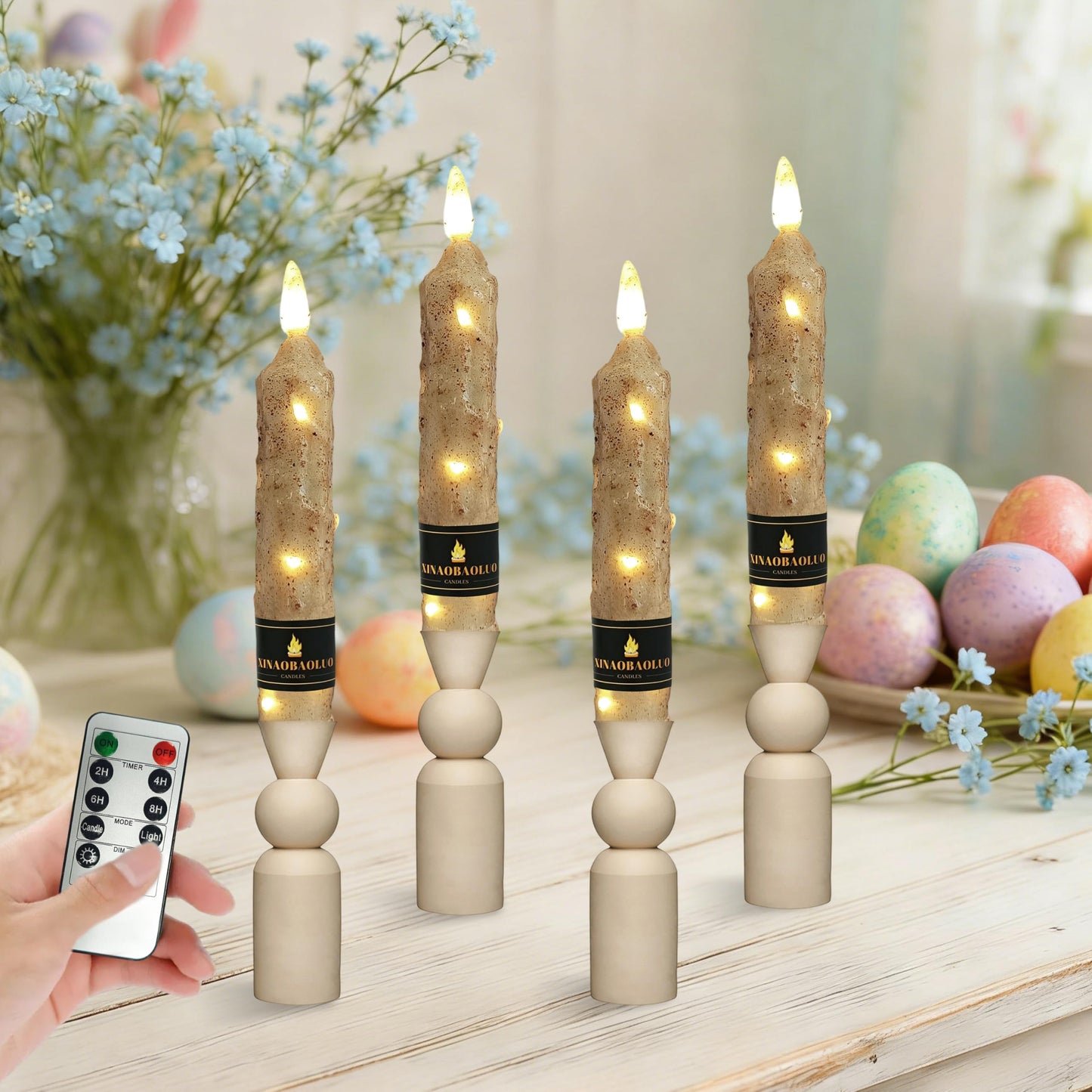 6.5 inch Natural Wood Color Flameless Taper Candles LED Flickering with 10-Key Remote, Battery Operated Led Warm 3D Wick Light Window Candles Real Wax Pack of 4, Christmas Home Wedding Decor