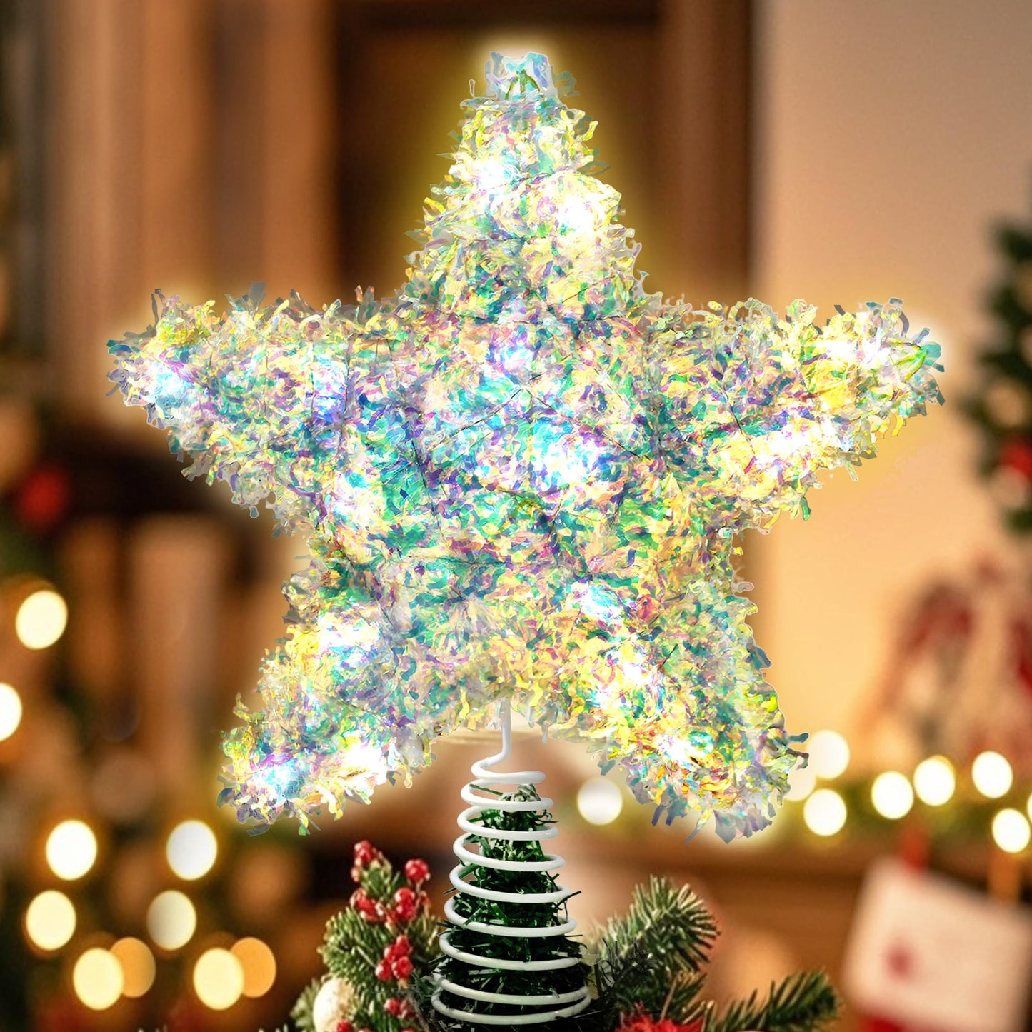 Joytry Christmas Tree Topper Star Iridescent Tinsel Star Tree Topper 10 Inch Lighted Tree Topper Battery Operated Christmas Tree Decoration for Holiday Indoor Decoration Warm White Light
