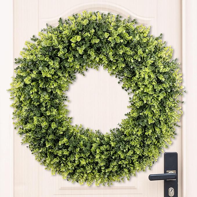 32 Inch Extra Large Boxwoods Green Spring Artificial Wreath for Front Door, Year Round Spring Summer Winter Wreaths for Wall Window Porch Home Farmhouse Outdoor Outside Indoor Decorations