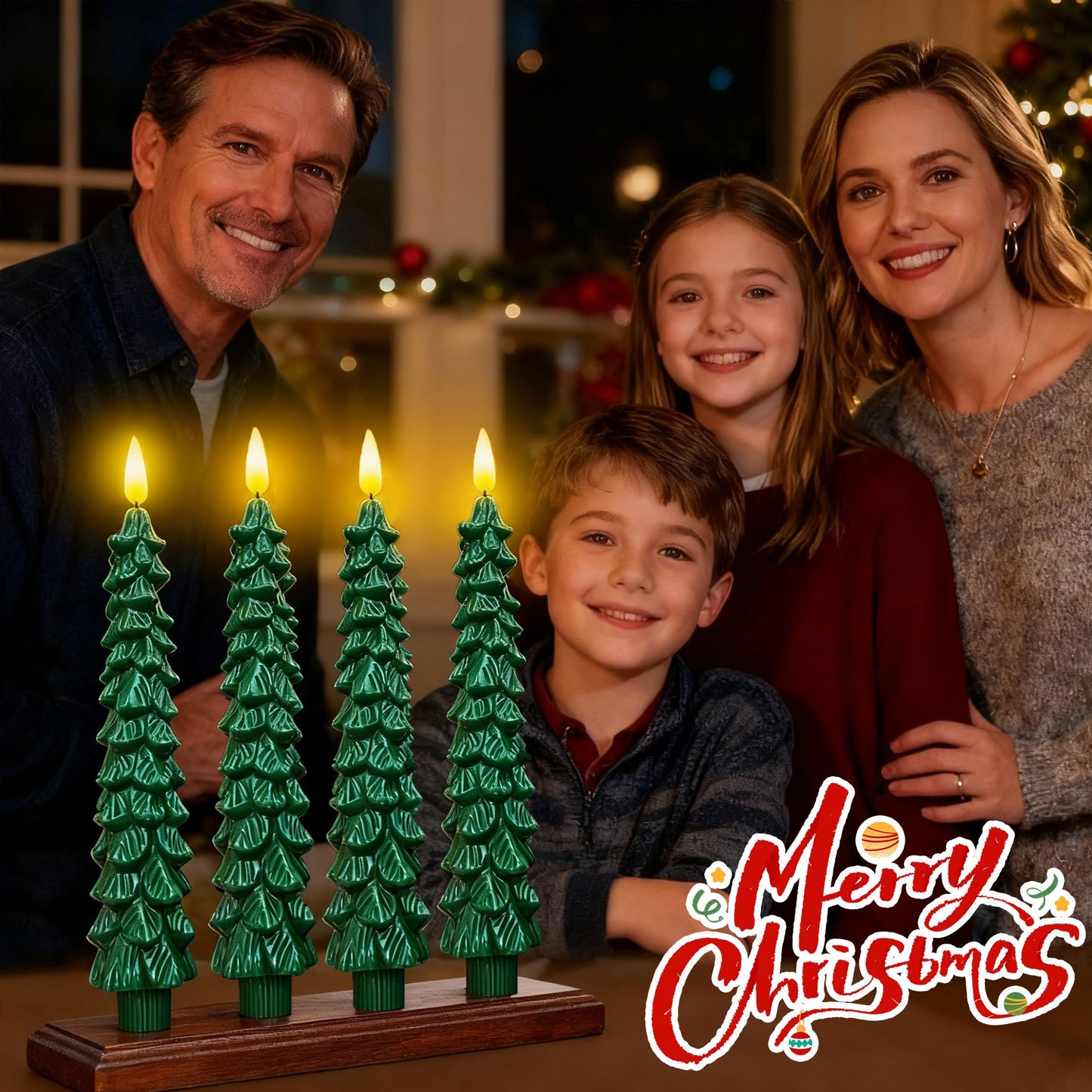 Qaeshi Christmas Tree Candles with Remote, Real Wax LED Flameless Taper Candles, Battery Operated 3D Flickering Candlesticks, Tree Taper Candle for Window Home Christmas Table Decorations (4pcs)