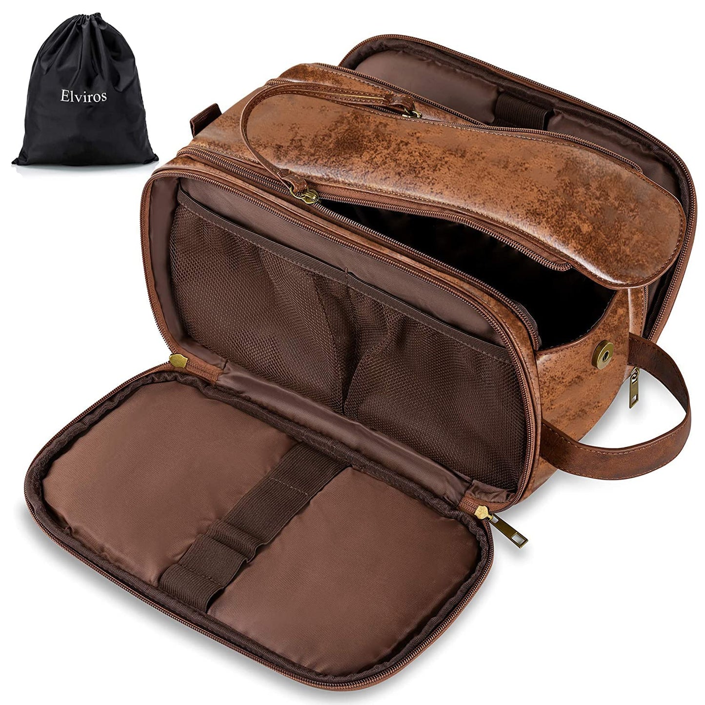 Elviros Travel Toiletry Bag for Men, Shaving Dopp Kit Water-resistant Bathroom Small Toiletries Organizer PU Leather Cosmetic Bags