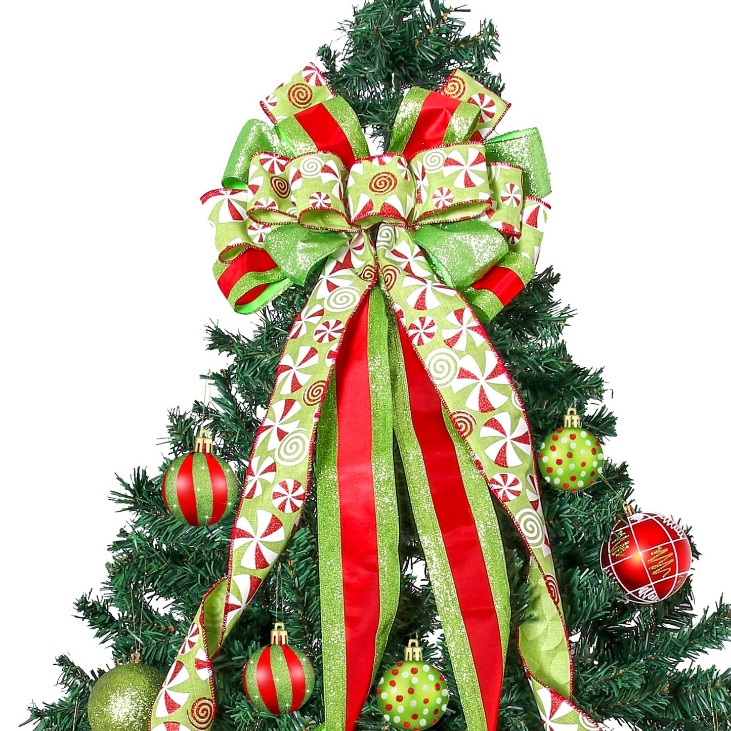 Christmas Tree Topper Wreath Large Green Bow with Red Green Dot Candy Patterned Gift Bow for Xmas Holiday Home Thanksgiving Indoor/Outdoor Decoration 52"x13"