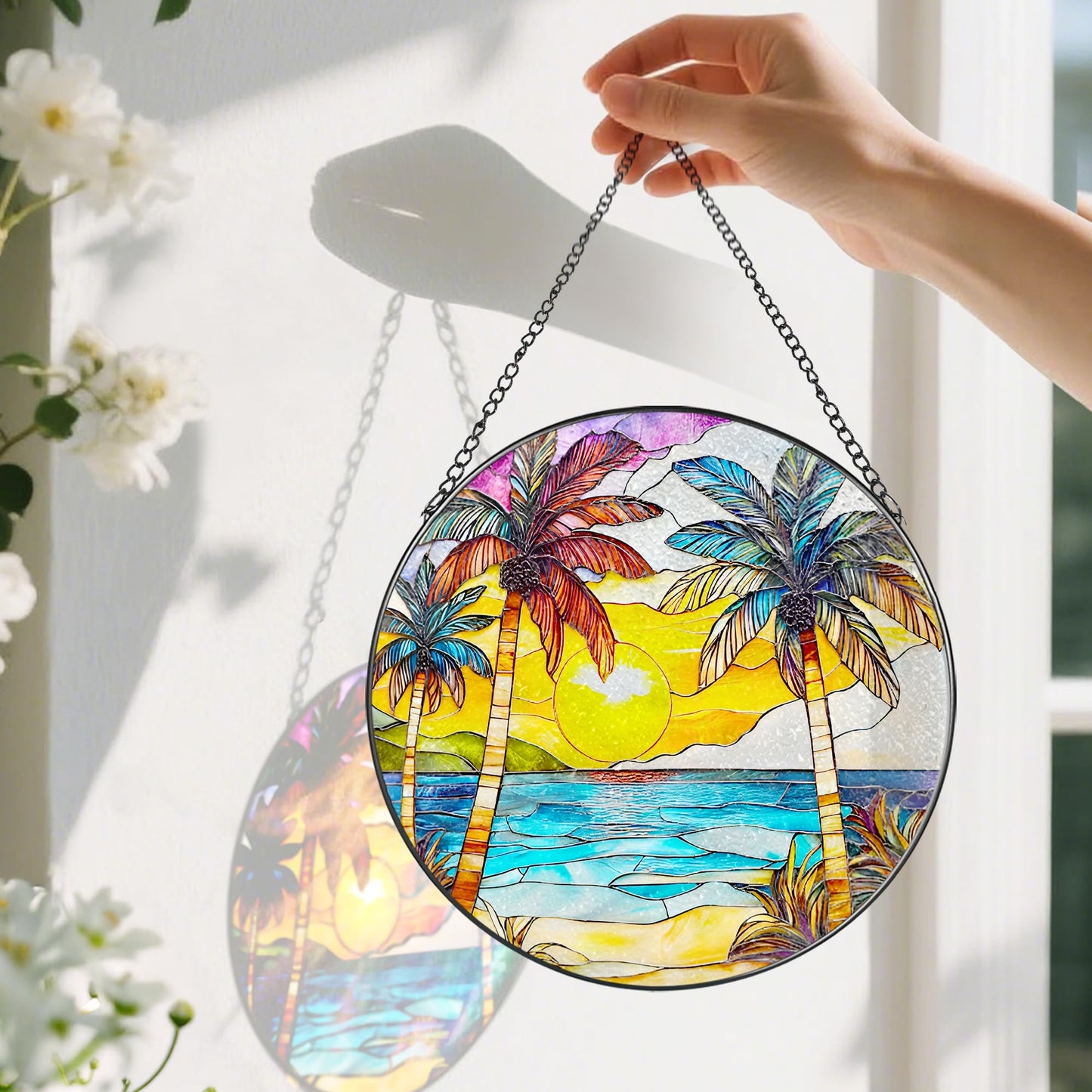 Stained Glass Window Hanging, 8 Inch Beach Sunset Stained Glass Suncatcher, Window Hanging Decor, Beach Lover Home Decor, Seabeach Sunrise Suncatcher, Gift for Mom Grandma