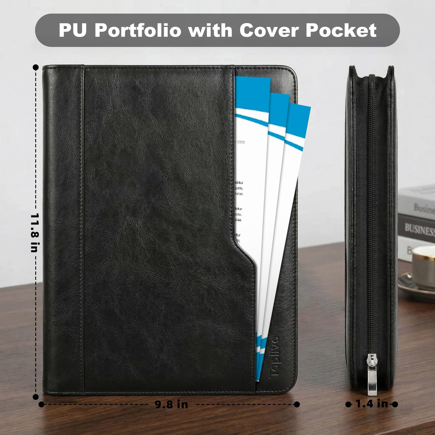 Zippered Padfolio with 3-Ring Binder & Clipboard, PU Leather Portfolio Organizer for Men Women, A4 Document Holder with Phone Pocket Pen Loops Card Slots, Professional Business Interview Folder Black