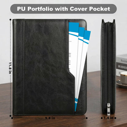 Zippered Padfolio with 3-Ring Binder & Clipboard, PU Leather Portfolio Organizer for Men Women, A4 Document Holder with Phone Pocket Pen Loops Card Slots, Professional Business Interview Folder Black