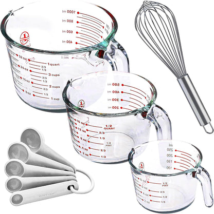 Set of 3 Glass Measuring Cups with Measuring Spoons & Whisk - Kitchen Mixing Bowl Liquid Measure Cup, Glass Bakeware. 1 cup, 2 cup, 4 cup.