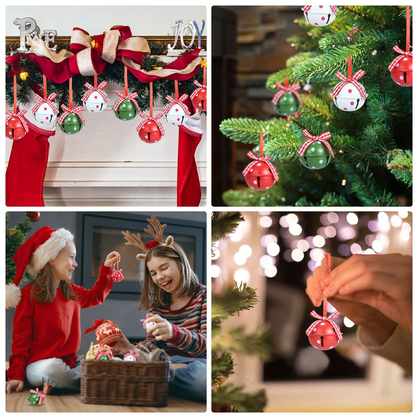 Naler 24 Pieces Christmas Jingle Bells with Ribbon Metal Cutout Craft Bells Hanging Ornaments for Christmas Tree Xmas Decoration, Red Green White, 1.57”