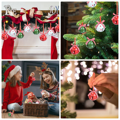Naler 24 Pieces Christmas Jingle Bells with Ribbon Metal Cutout Craft Bells Hanging Ornaments for Christmas Tree Xmas Decoration, Red Green White, 1.57”