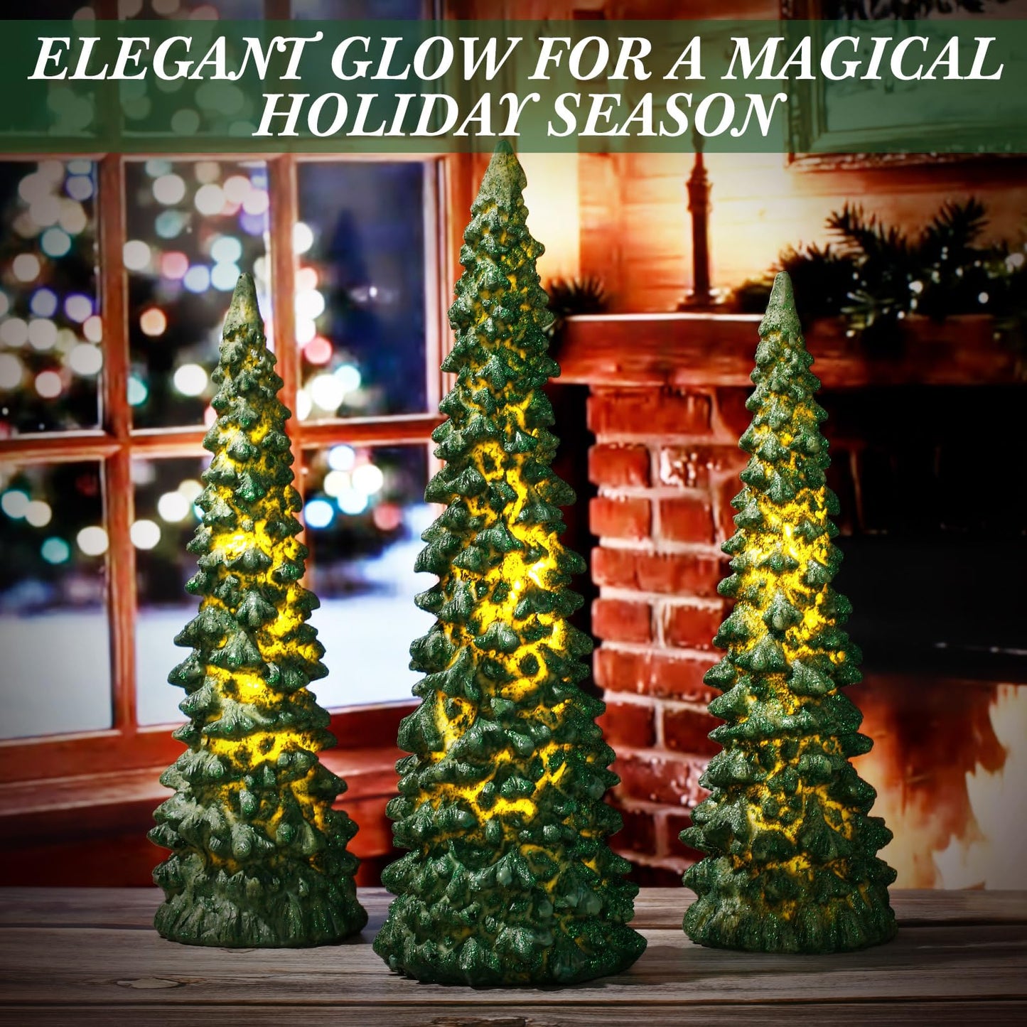 Flutesan 3 Pcs Green Christmas Tree Figurines with Lights 11" /9" Tabletop Glittered Resin Village Pine Figurine Light Up Battery Operated Centerpieces Winter Holiday Decor for Table Mantel Home