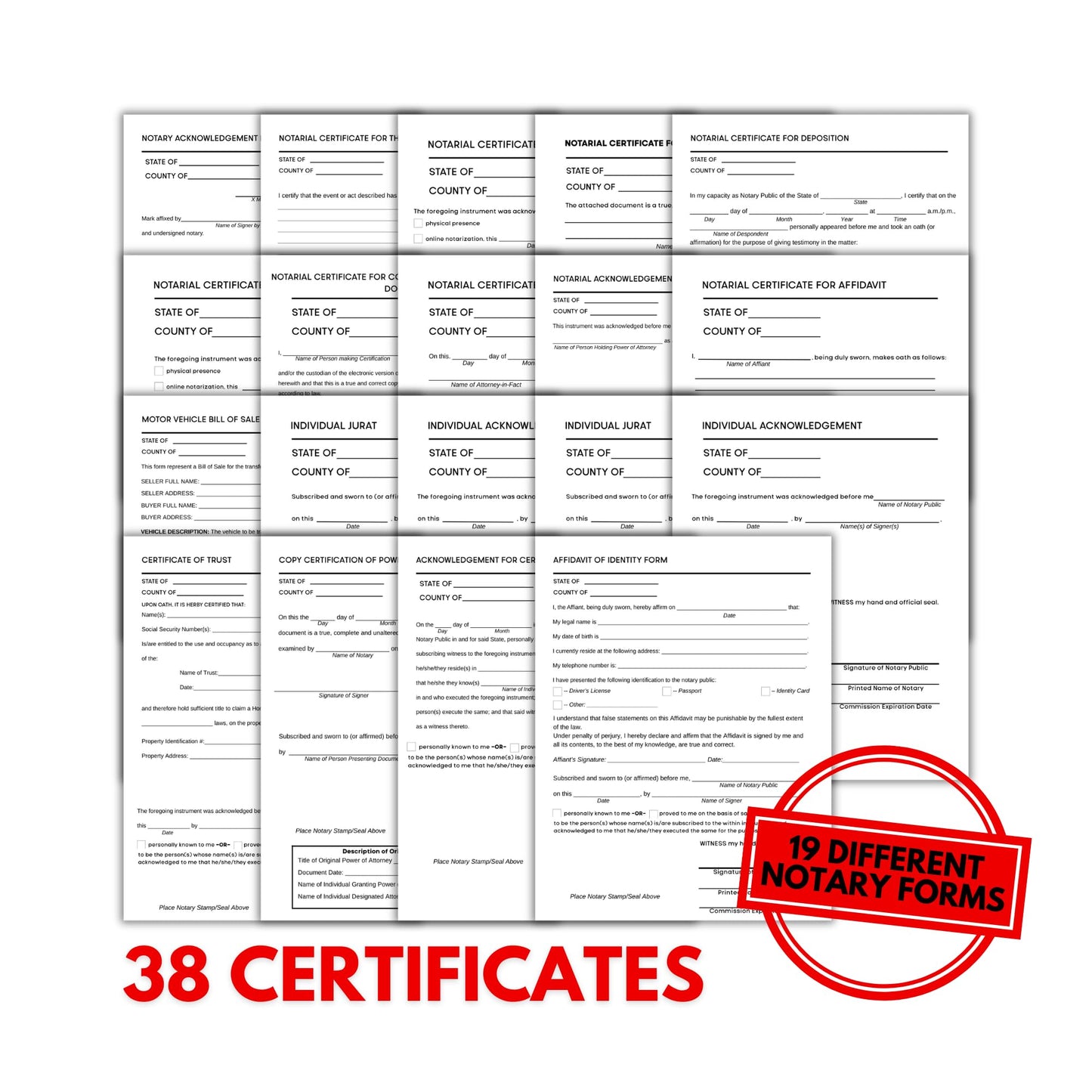 Notary Certificate Bundle 19 Different 8.5x11” Starter Legal Documents for Professionals to Notarize Notarial Legal Bill of Sale Jurat Affidavit POA