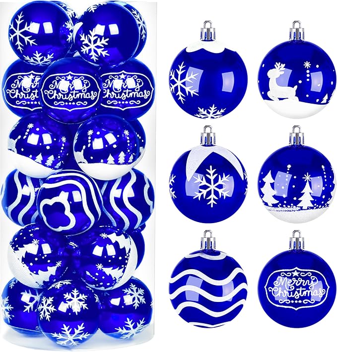 Joiedomi 24 Pcs Christmas Ball Ornaments, Blue & White 2.3” Deluxe Delicate Painting & Glittering Shatterproof Christmas Tree Ornaments for Wreath Garland Holiday Indoor Party