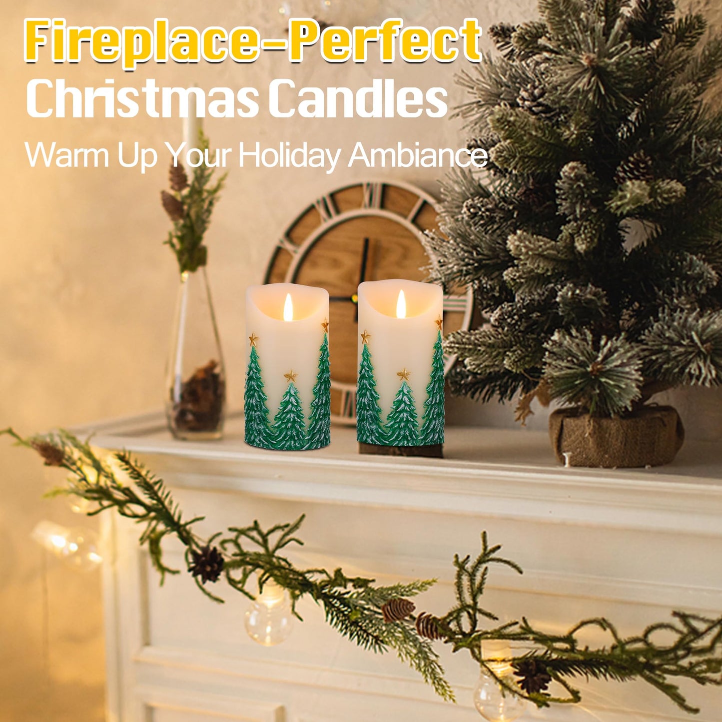 JOIONE Christmas Embossed Tree Flameless Candles with Remote, Battery-Operated Real Wax LED Candle with Flickering Flame, Christmas Home Decor, Set of 2