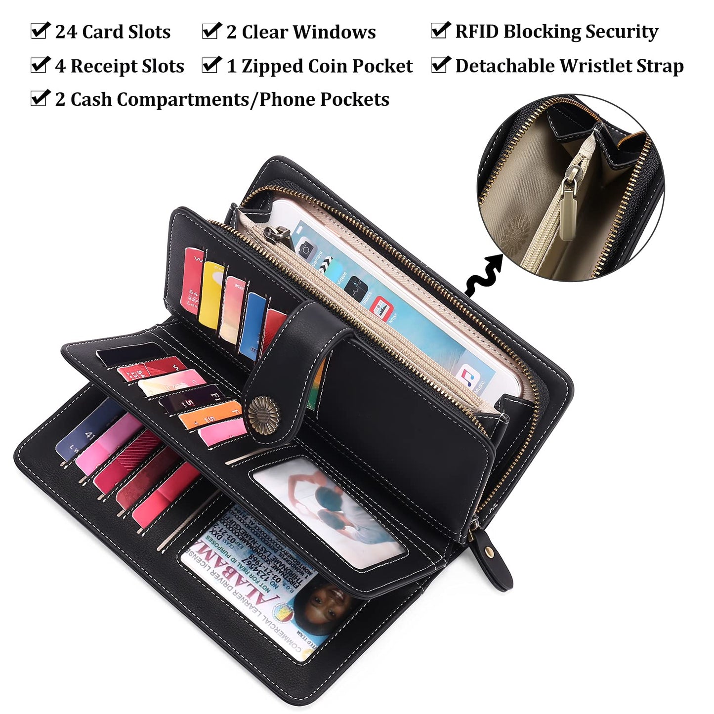 FALAN MULE Women's Wallet Leather RFID Blocking Large Capacity Trifold Ladies Wallet Wristlet Clutch Card Holder