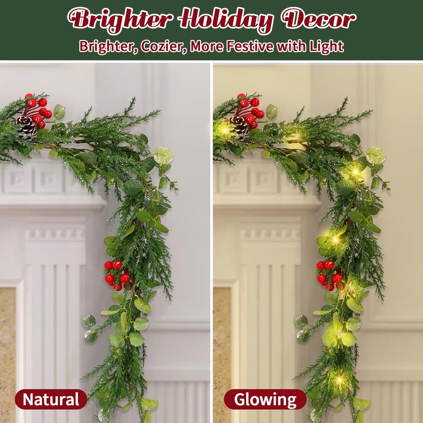 6FT Prelit Christmas Garland with Lights, Realistic Eucalyptus Garland with Artificial Cedar Cypress Leaves Red Berries Pine Cone Greenery Xmas Garland for Mantle Stair Railing Fireplace Decoration