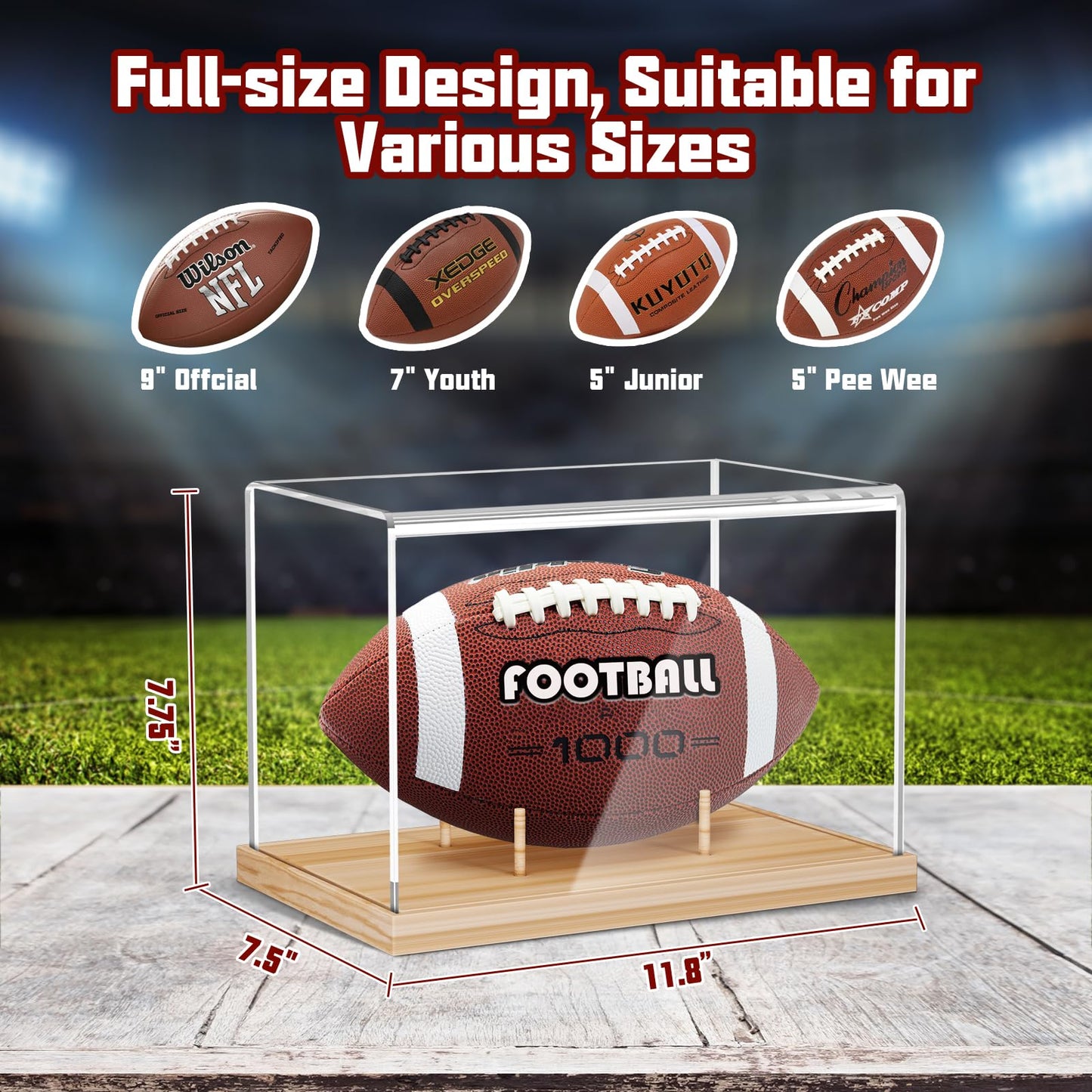 KKU Football Display Case, Acrylic Football Case with Wooden Base One-piece Design, Autographed Football Holder for Football Fans & Collectors, Sports Collectibles, No Assembly Required - Original