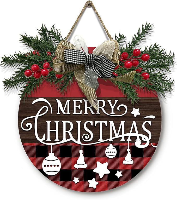 Merry Christmas Door Sign Xmas Buffalo Plaid Hanging Signs With Bow And Wreath Christmas Stars Wooden Sign for Front Door for Holiday Rustic Farmhouse Outdoor Wall Window Decor 12 Inch