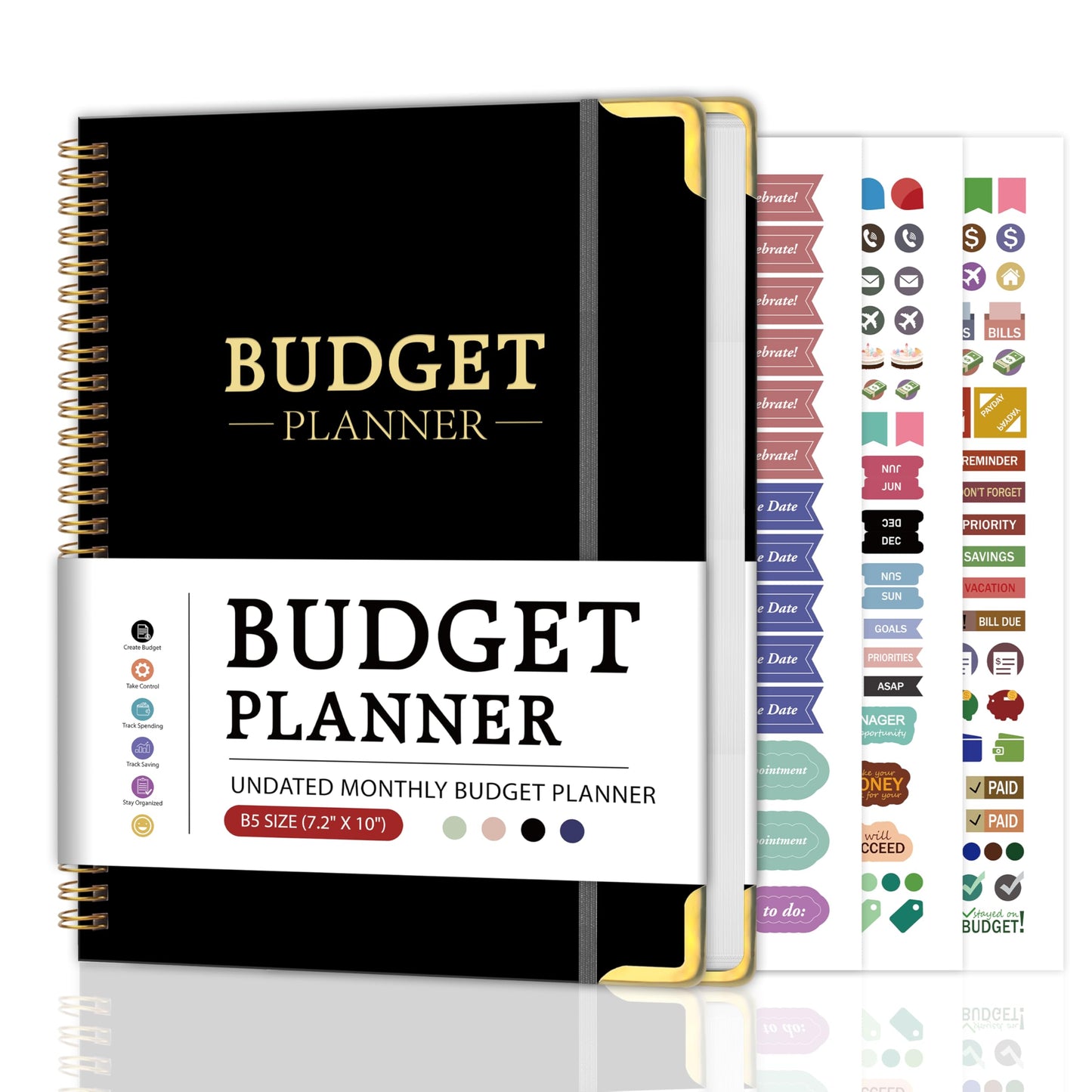 Budget Planner - Monthly Budget Book B5, Undated 12 Month Expense Tracker Notebook with Metal Corner Protectors & Bill Organizer, Hard Cover Financial Account Book for Women Men Home Business, Black