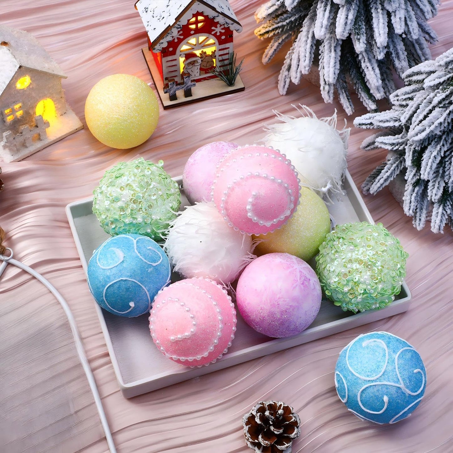 Syhood 12 Pcs 2.4 Inch Pastel Winter Tree Ornament Pink Yellow Blue Shatterproof Xmas Ornament Glitter Foam Winter Balls Tree Decoration for Home Xmas Holiday Candyland Party Centerpiece