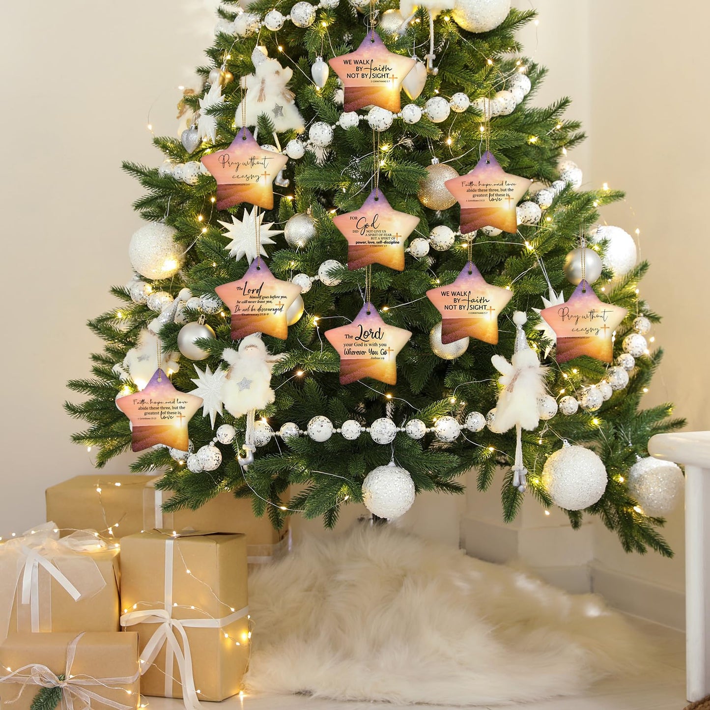 Syhood 9 Sets Christmas Christian Ceramic Ornaments Star Religious Bible Verse Ornaments with Gift Bags Inspirational Quotes for Women Church Christmas Tree
