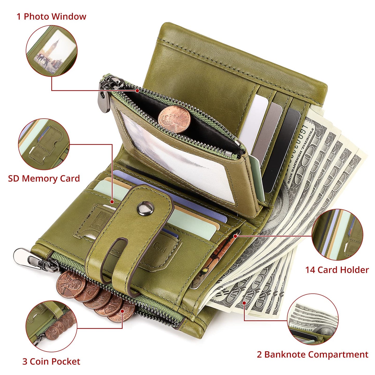 gzcz Men Wallets with Chain Genuine Leather Purse RFID Blocking Minimalist Bifold Wallet with Zipper Coin Pocket ID Window, Green