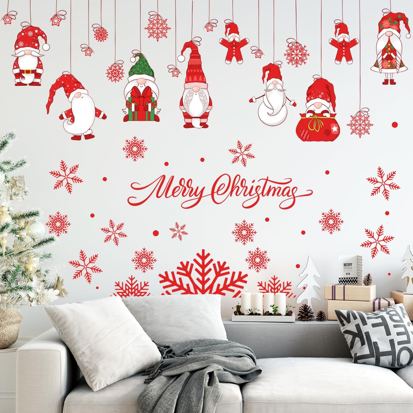 61.02 x 48.42 Inch Wall Decals: Merry Christmas Gnome Wall Stickers - Removable, Perfect for Xmas Holiday Party Supplies & Home Wall Decor