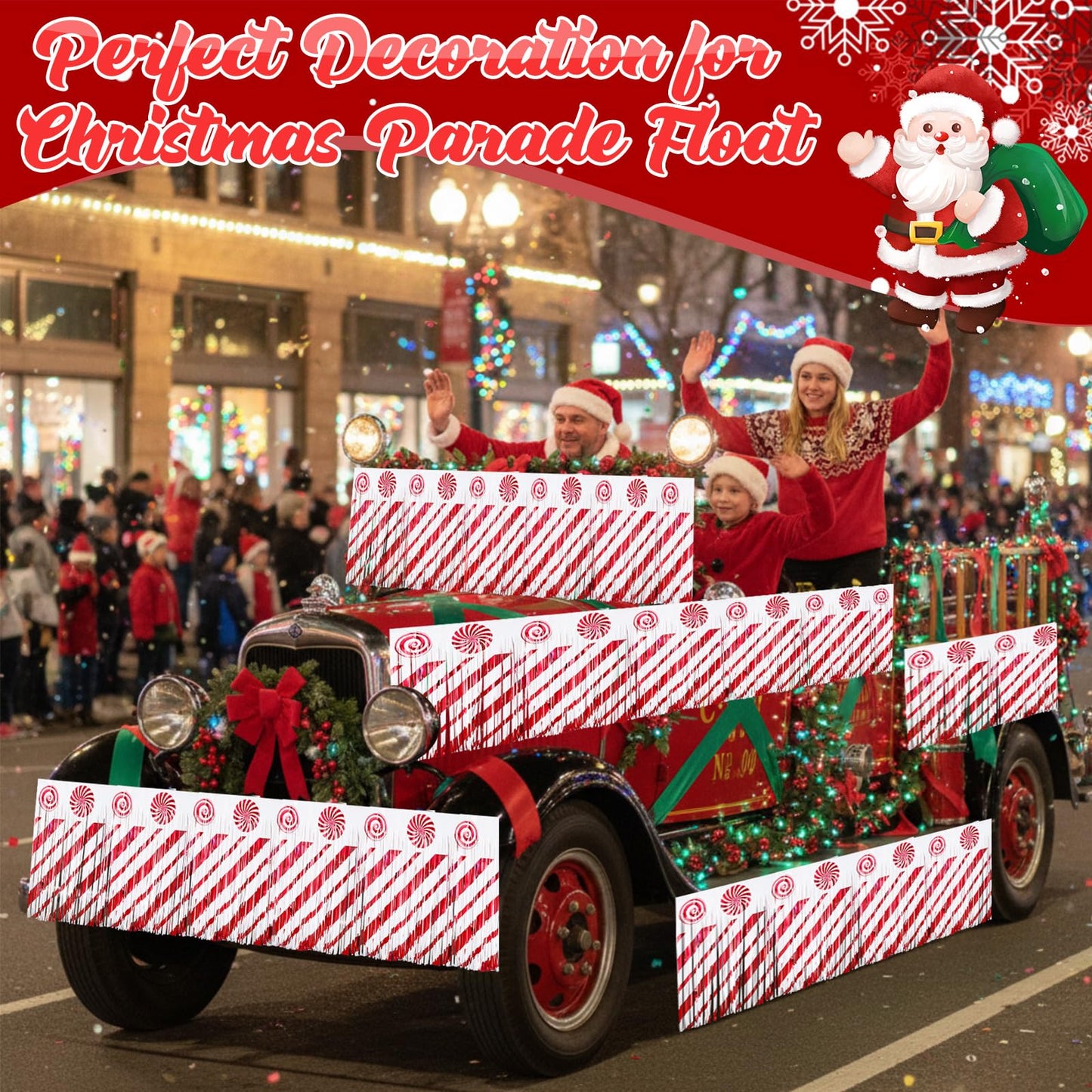 Mindsoft 4 Pack 39 ft Christmas Parade Floats Decoration Foil Fringe Candy Cane Peppermint Lollipop Metallic Tinsel Garland Table Skirts for Xmas Trailer Car Homecoming Party