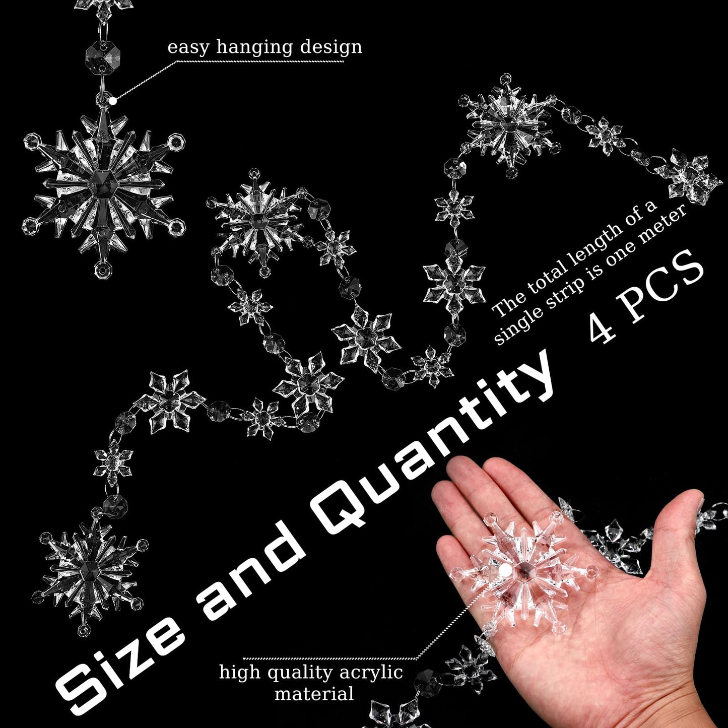 Karenhi 4 Pcs 13 Feet Clear Acrylic Snowflake Ornaments with Bead Hanging Crystal Garland for Christmas Tree, Wedding, Winter, Xmas Party Supplies