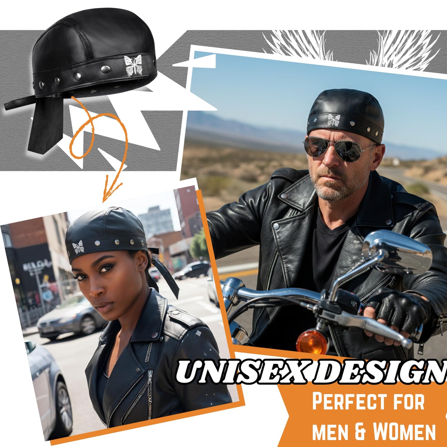 FurquGears Leather Biker Cap for Women Stylish Biker Doo Rag Headwrap for Riding Adjustable Motorcycle Black Skull Hat