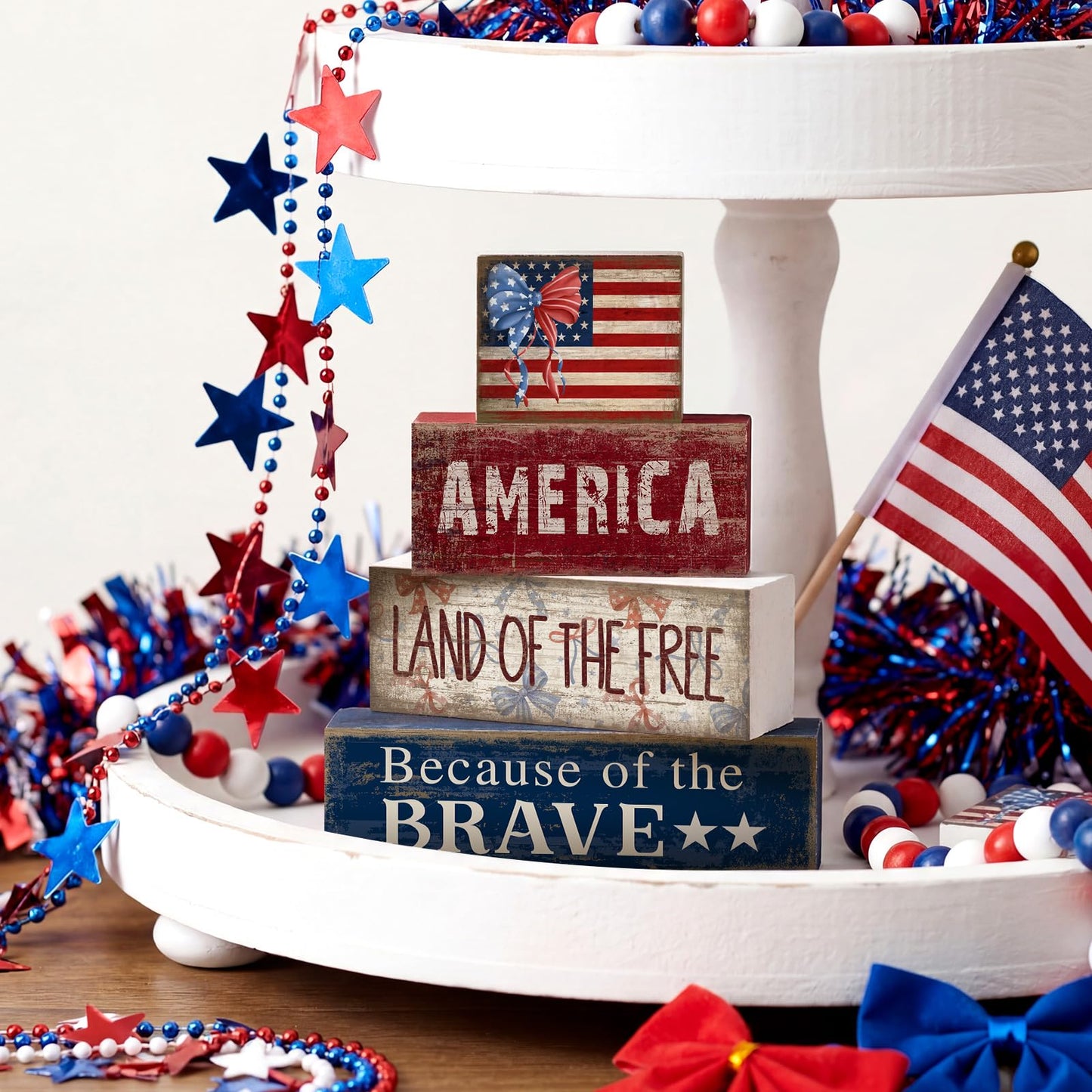 CroBlissful 4 Pcs 4th of July Decorations Patriotic Memorial Day Tabletop Decoration Red White Blue Table Centerpieces 250th Anniversary Wooden Fourth of July Sign for Office Tiered Tray Home Shelf