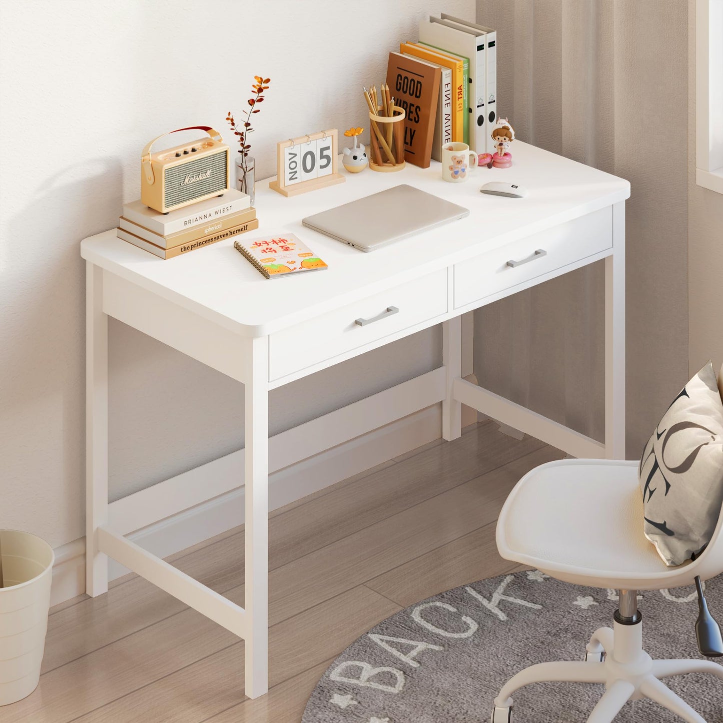 4NM 39.4" Computer Desk with Drawer, Morden White Home Office Desk, Study Writing Table with Storage for Small Spaces,Vanity Desk Makeup Table for Bedroom - White