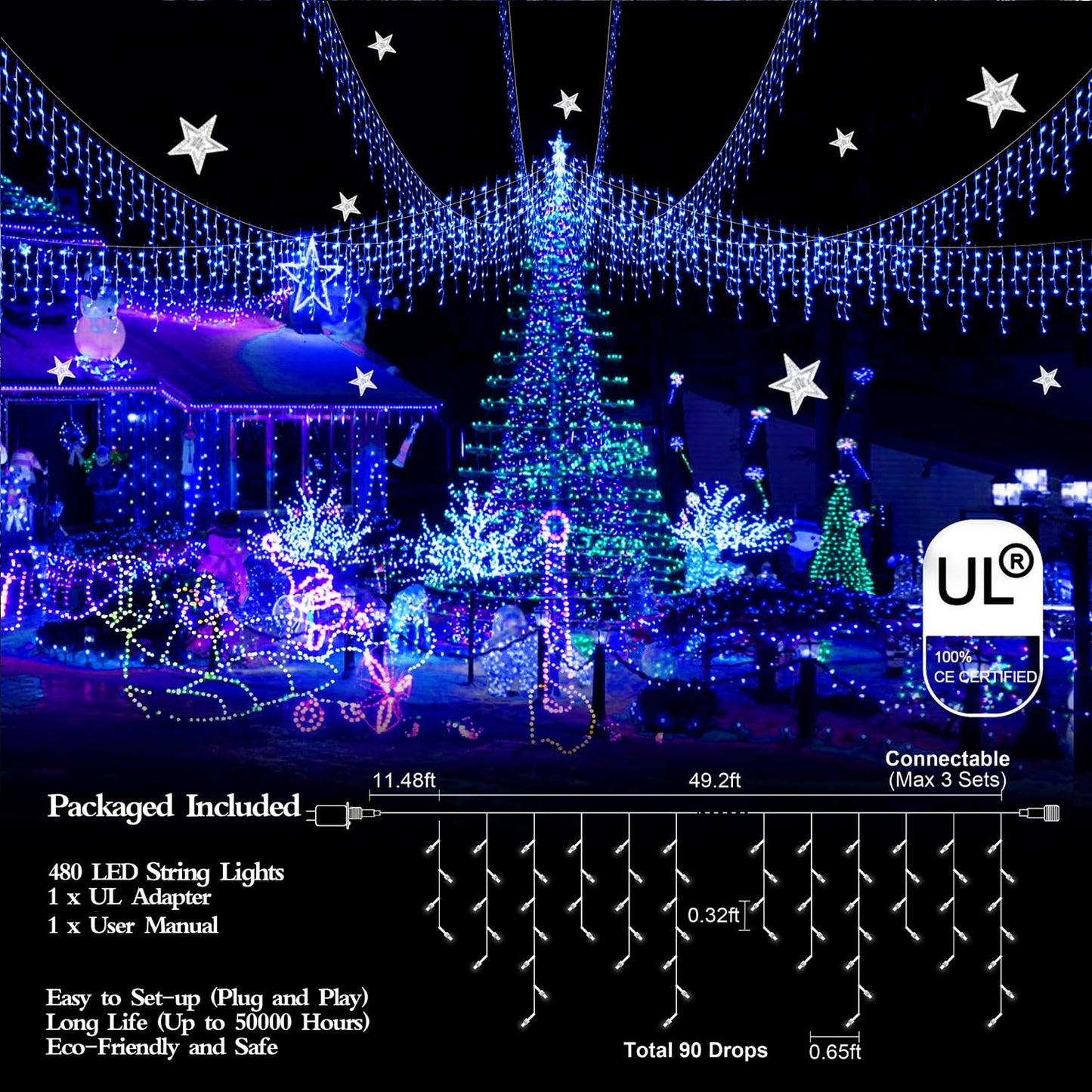 FLVOECN 480 LED 49FT Christmas Lights Plug in 8 Modes with Timer Dimmable Christmas Decorations Outdoor Waterproof Indoor Curtain String Lights for Roof Porch Garden Holiday Wedding Party Decor Blue