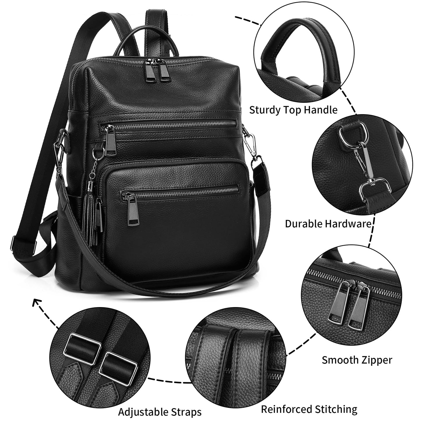 Wesccimo Genuine Leather Backpack Purse For Women Black Real Soft Leather Fashion Designer Convertible Ladies Shoulder Bag