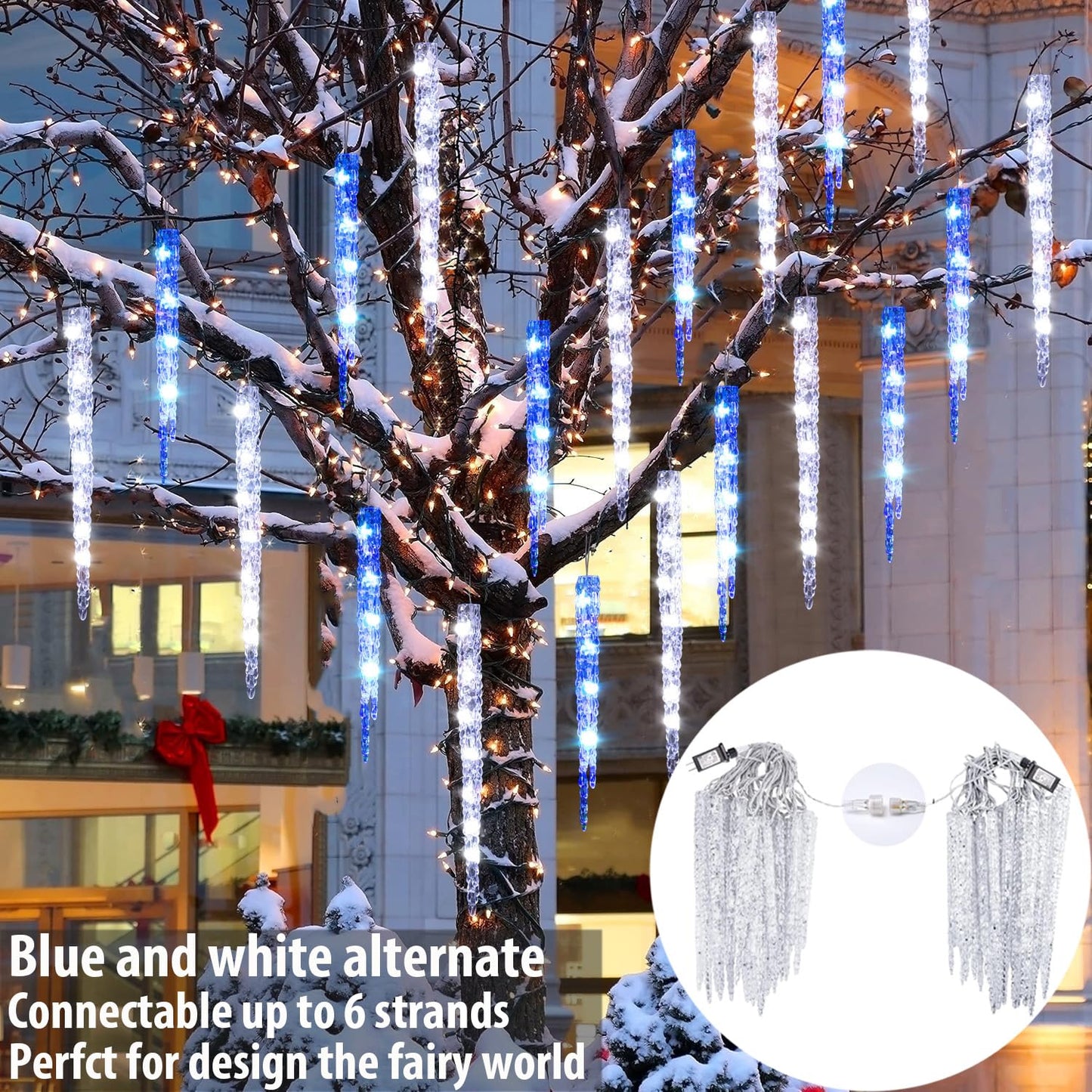 TWINKVILLA Blue and White Icicle Lights for Outside, Christmas Lights Outdoor with 20 Large Tubes, 29FT 8 Modes with Timer, Connectable Meteor Shower Light for Eave Roofline Tree Decoration