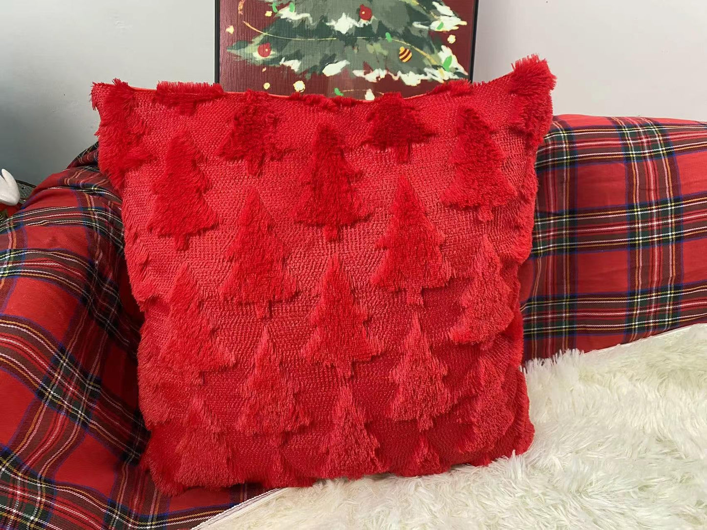 TBAVNOSY Christmas Tree Pillow Covers Set of 2 18x18 inches, 3D Xmas Tree Shaped Faux Fur Throw Pillow Covers for Couch, Sofa, Living Room Winter Holiday Decor, Farmhouse (Red)