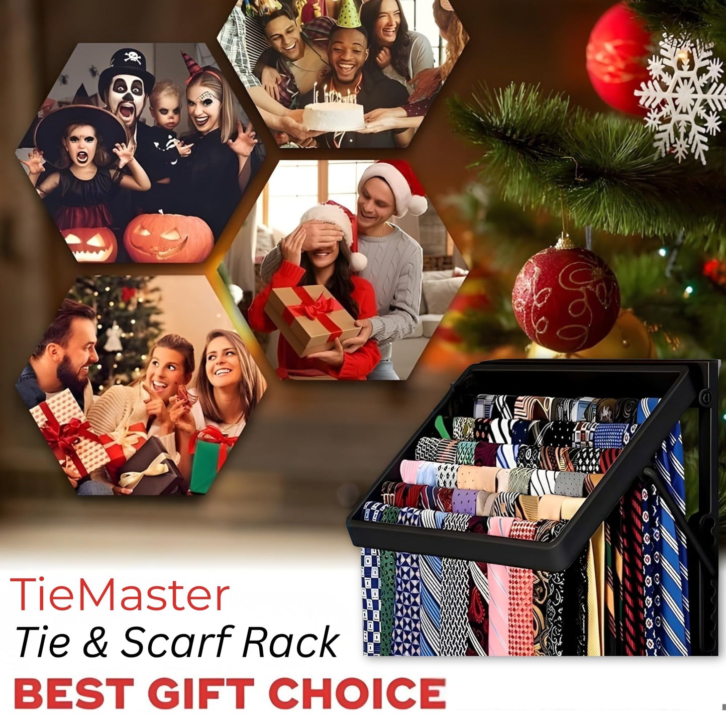 TieMaster Tie Rack and Scarf Organizer, Battery-Free Design, Holds 60 Ties and Scarves with 5 Belt Hooks, Easy Installation, Wall Mounted Tie Organizer, Luxury Gift for Men & Women