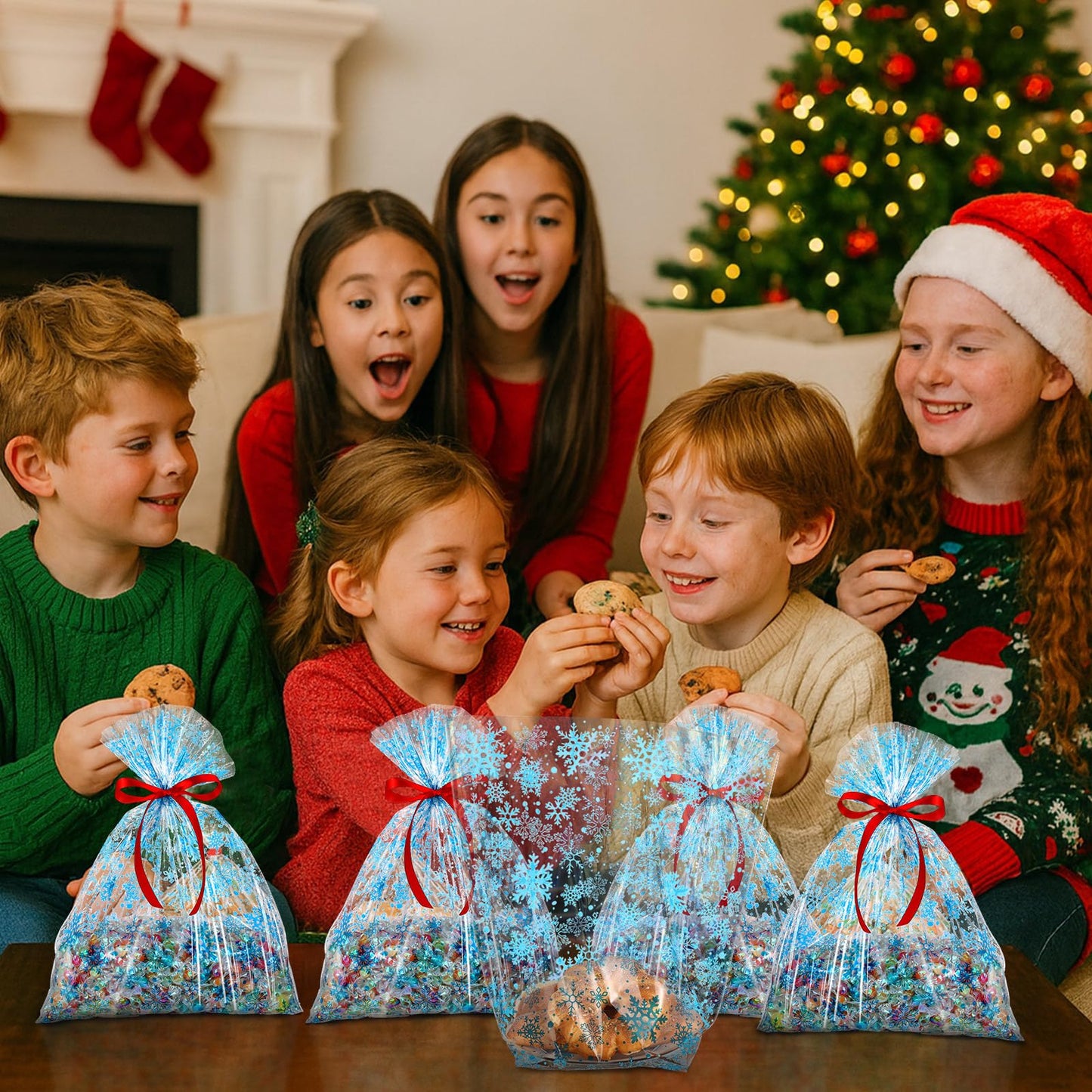 Meanplan 50 Pcs Winter Snowflakes Cellophane Cookie Tray Bags 15" x 17" Snowflake Cookie Tray Bags with Twist Ties and Red Ribbon Treats Gift Wrap for Winter Holiday Party Favors Supplies