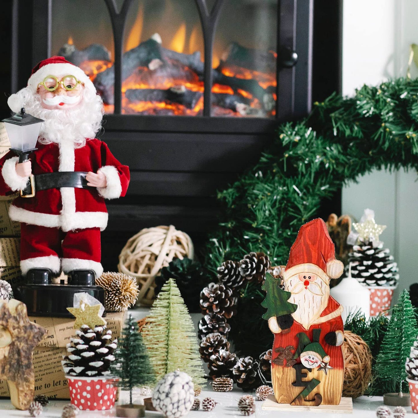 Grace Home Christmas Rustic Wood Standing Santa Claus Figurine Christmas Ornament Tabletop Mantel Centerpiece Decoration 14.5" H (Santa)