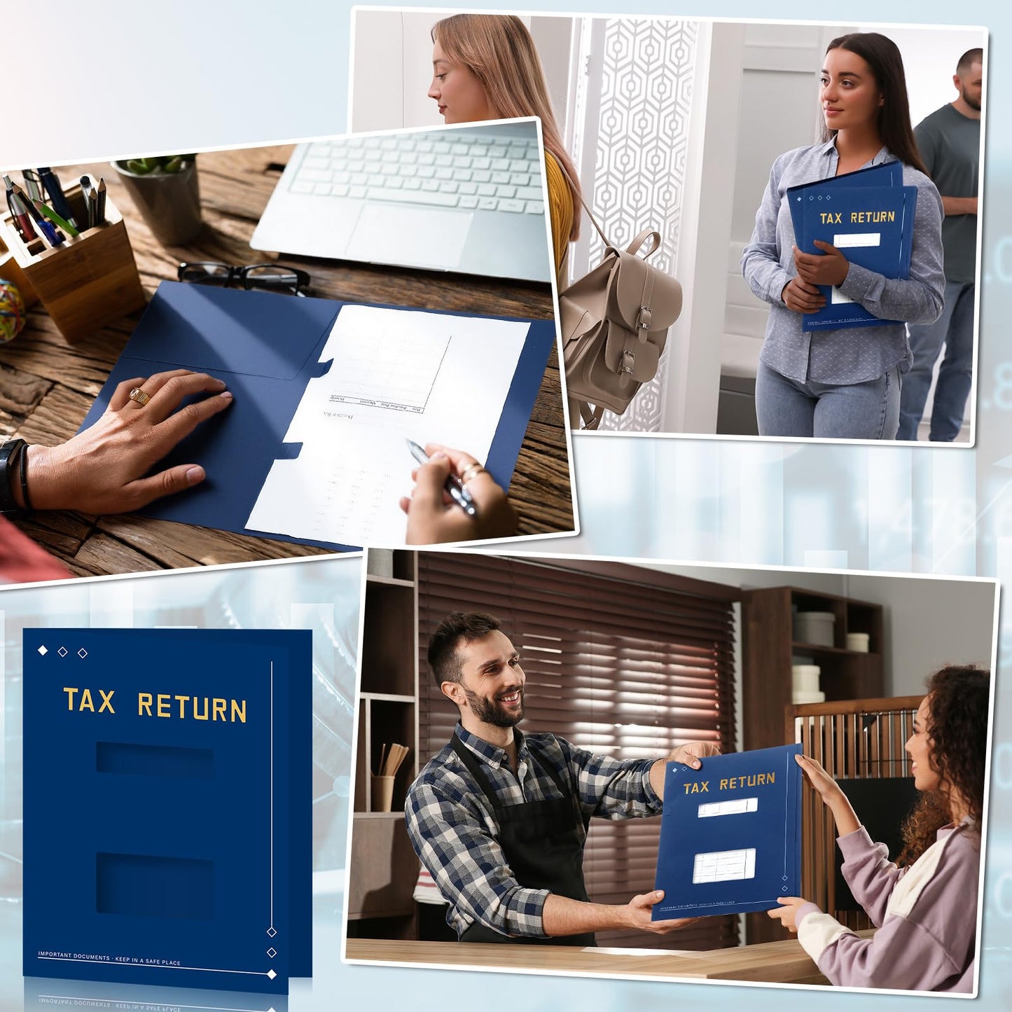 Mooliwe 100 Pcs Blue Tax Return Folders Bulk 9 x 11.25 Inches Income Tax Organizer with Side Staples Double Windows Paper File Pocket Document Folders for Accountants Business Office Supply