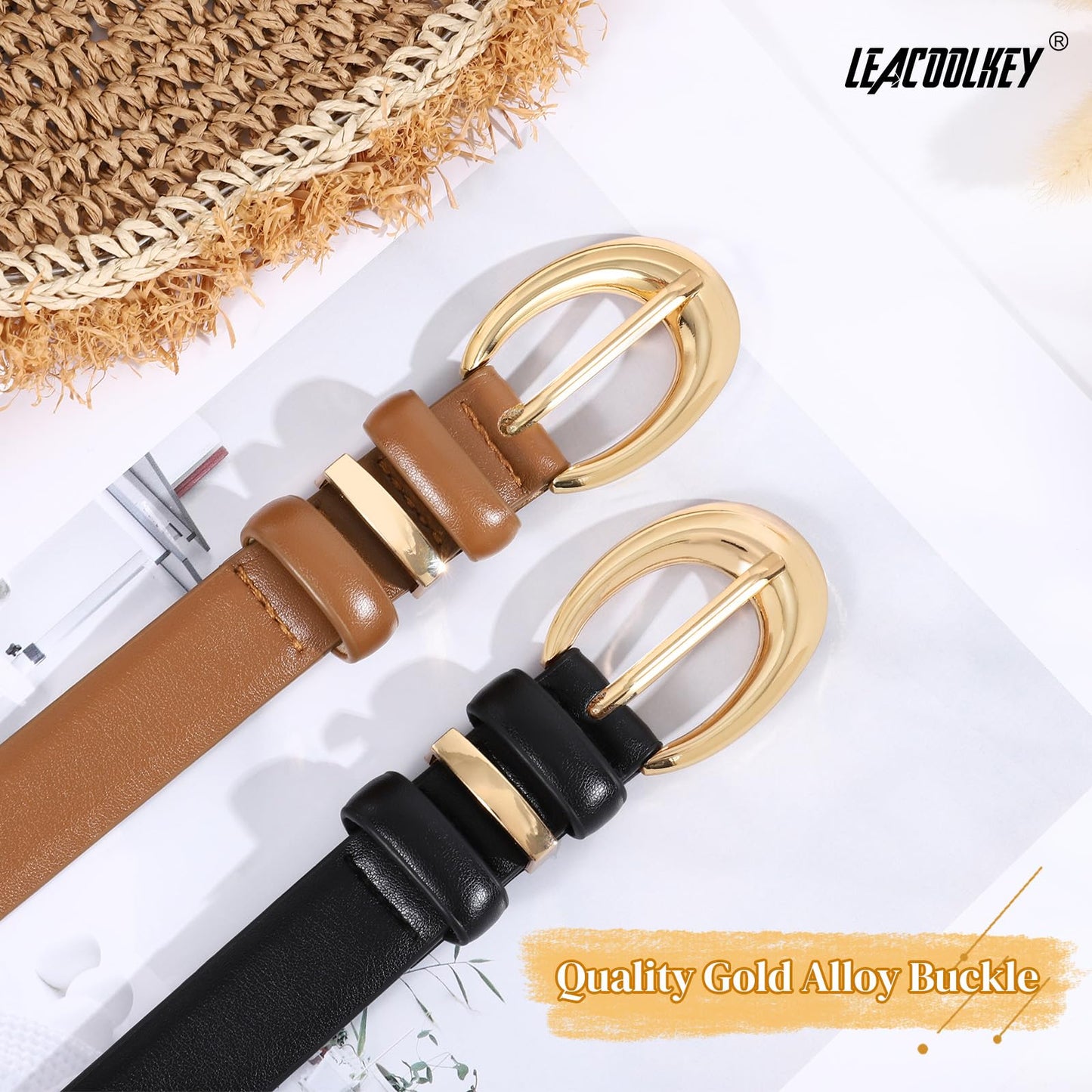 LEACOOLKEY 2 Pack Women Leather Belts for Jeans Dress Fashion Ladies Belt with Gold Silver Buckle