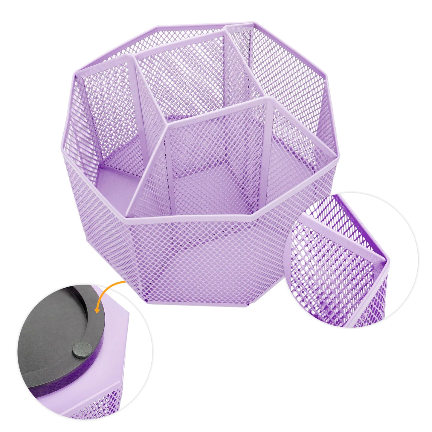 Annova Mesh Desk Organizer Rotate with 5 Compartments Spinning Tidy Candy/Pen Holder Office, Art Supply, Storage, Classroom, Home (Light Purple)