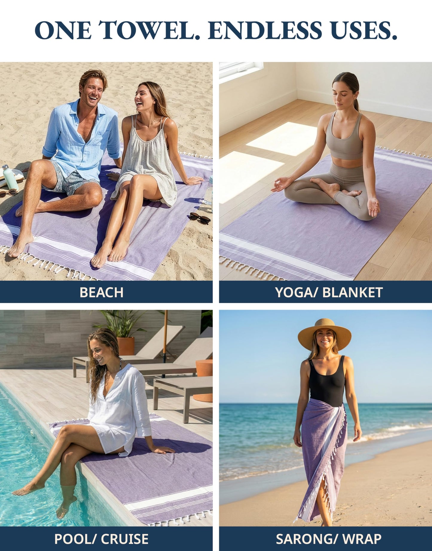 LANE LINEN Beach Towels 4 Pack Oversized - Turkish Towel Set, Pre-Washed Oversized Beach Towel, Quick Dry Beach Towels for Travel, Large Pool Towels, 39"x71" - Day Break