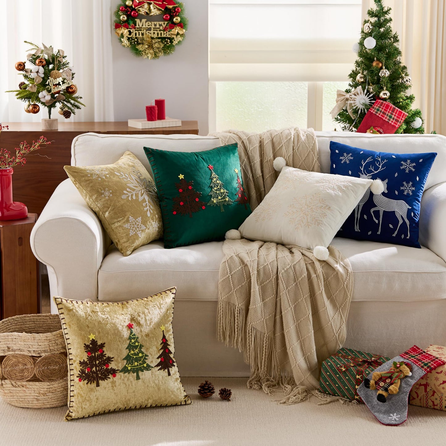 KINDREX Christmas Pom poms Snowflake Throw Pillow Covers 18x18 Set of 2 Winter Holiday Decorative Embroidered Soft Velvet Accent Pillowcase for Sofa Couch Bed Living Room Festivals Home Decor,White