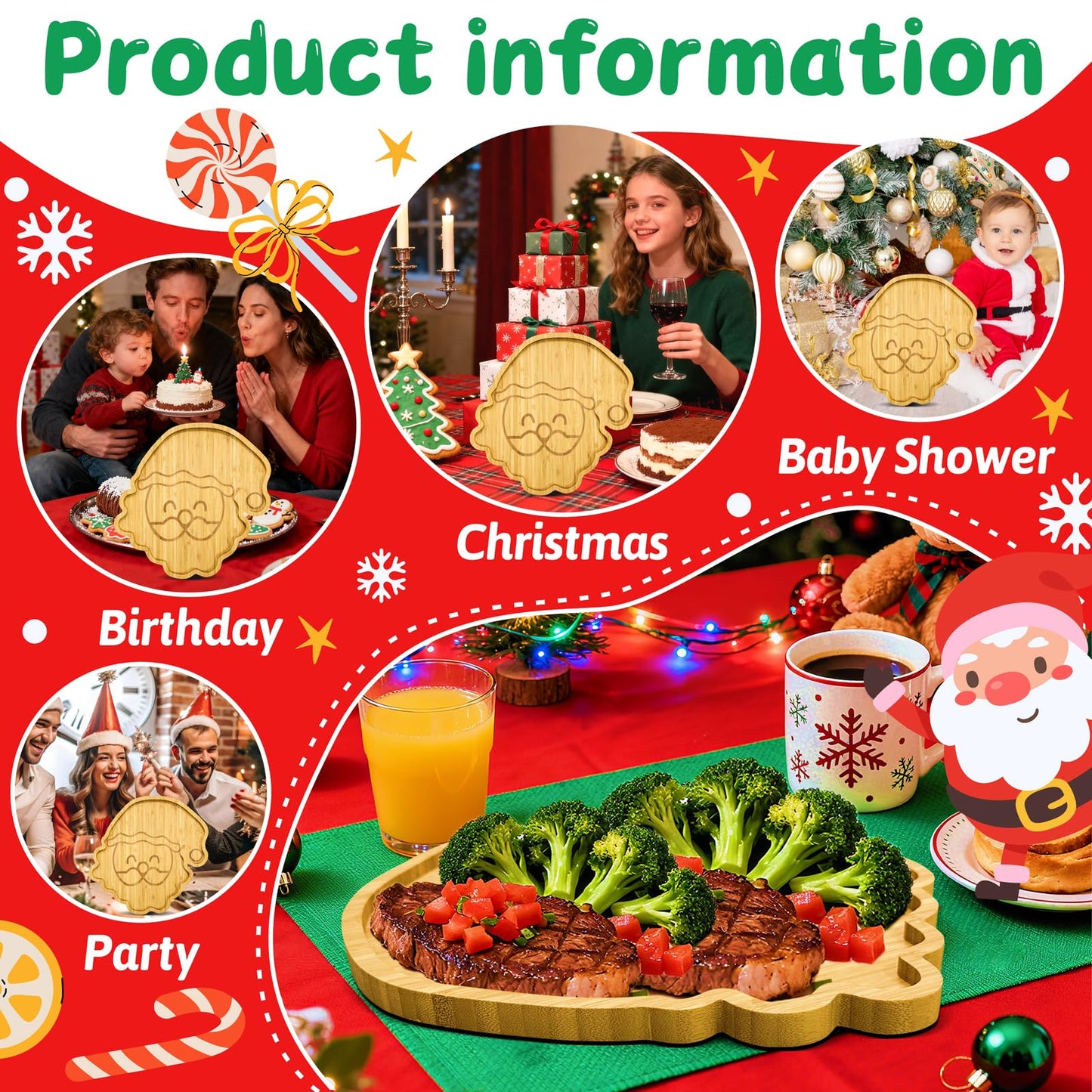Barri Design Christmas Charcuterie Board Santa Claus Platter Large Wood Xmas Serving Tray Party Decorative Tray Bamboo Wooden Cheese Appetizer Tray Snack Food Dish for Christmas Party Supplies
