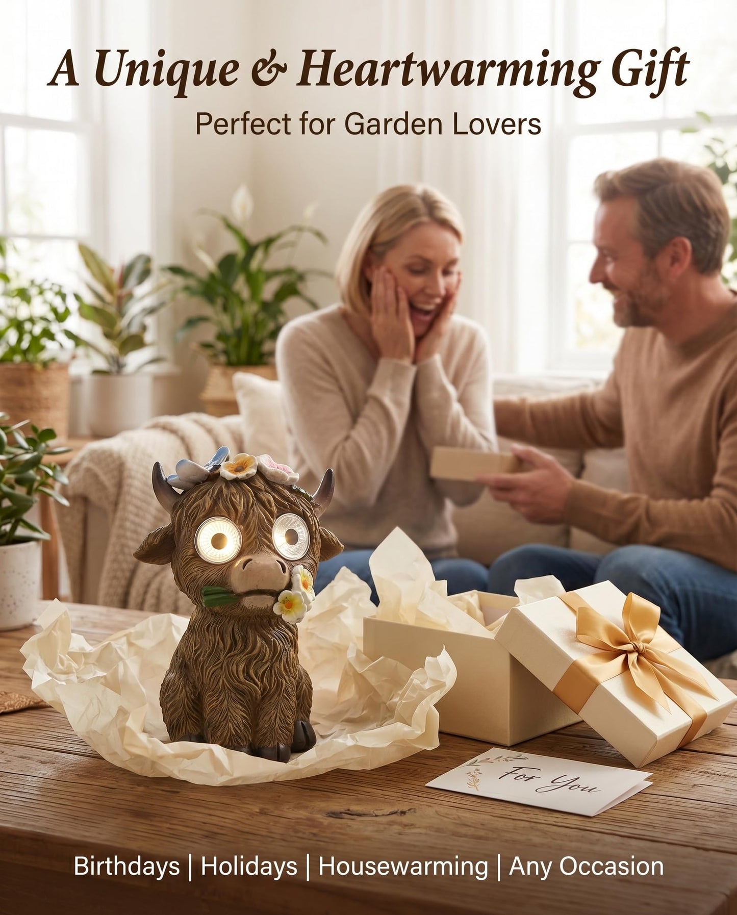2 Solar Cow Garden Statues with Lighted Eyes – Cute Highland Cow Outdoor Decor, Waterproof Resin Animal Figurines for Yard, Patio, Lawn & Gifts (2-Pack)