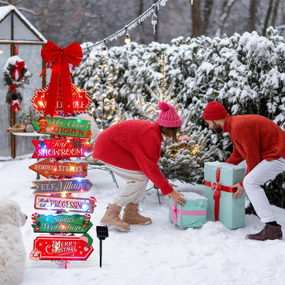 Colingmill Christmas Lamp Post Light Decorations with 8 Merry Christmas Yard Wooden Signs 16.4ft 50led Solar Light String 2 Xmas Tinsel Garlands Red Velvet Bow for Outdoor Holiday Post Lamp Yard Decor