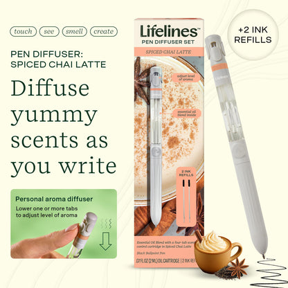 Lifelines Pen Diffuser Set, Spiced Chai Latte - 1mm Black Ballpoint Pen with Scented Essential Oil Blend & 2 Ink Refills – Aromatherapy Diffuser & Sensory Immersion Diffuse Aroma As You Write