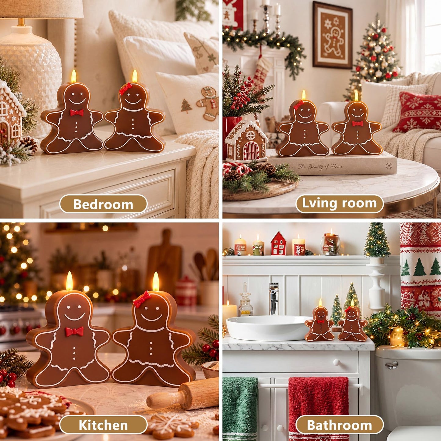 VIHOSE 2 Pcs Christmas Gingerbread Man Flameless Candles 4.53 x 5.59 x 2.76 inch Real Wax Gingerbread Man Battery Operated LED Candles Christmas Table Decoration for Xmas Winter Home Table Decor