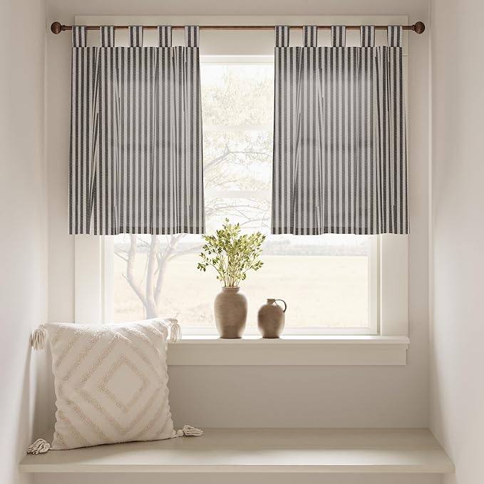 JINCHAN Tab Top Linen Kitchen Curtains 36 Inch Striped Tier Curtains Farmhouse Modern Cafe Style Small Window Treatments Airy Light Filtering Rod Pocket for Living Room Bathroom 2 Panels Charcoal Grey