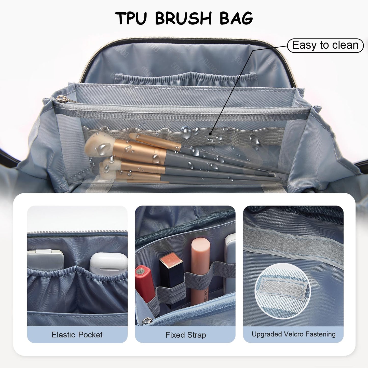 BOYATU Travel Makeup Bag Cosmetic Bag for Women: 3 Pcs Set Striped Make up Bag with Compartments - Waterproof Vegan Leather Toiletry Bags with Handle - Makeup Organizer for Travel Essentials(A-1-Blue)
