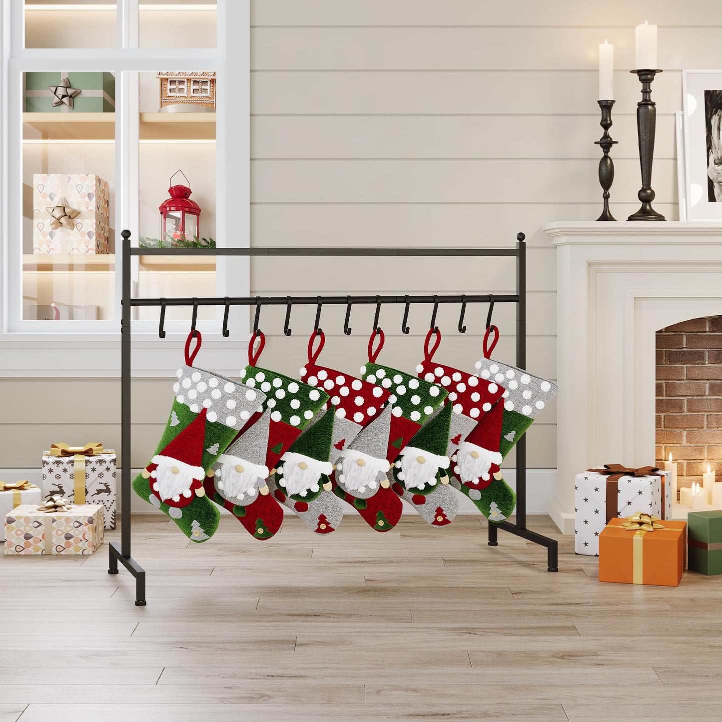 ELYKEN Christmas Stocking Holder Stand, Freestanding Stocking Rack with 12 Removable Hooks, Heavy Duty Metal Christmas Stocking Stand for Floor, Weighted Stocking Holder with Adjustable Feet, Black